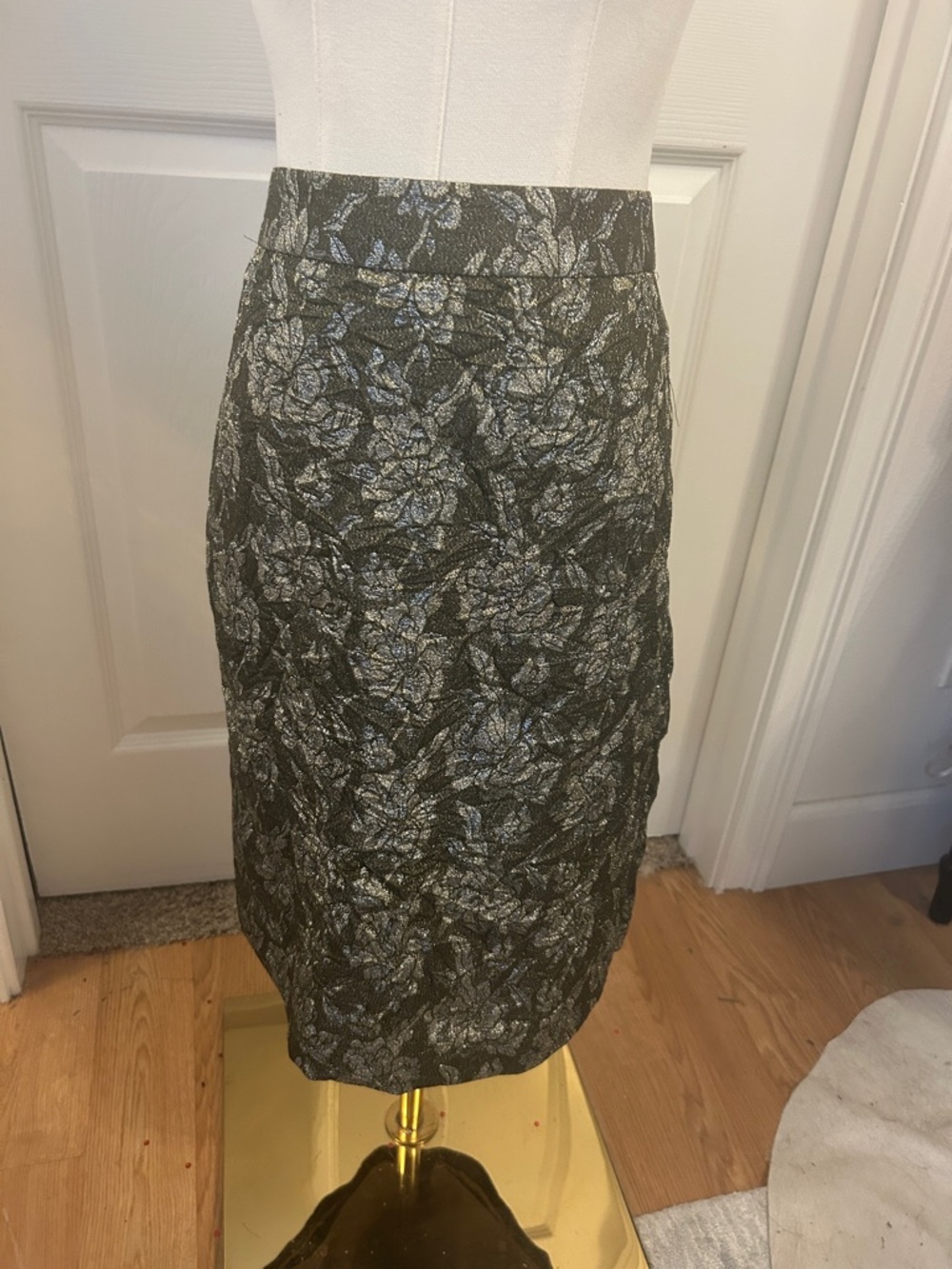 J. Crew Metallic Black and Silver Floral Brocade Pencil Skirt